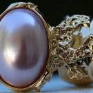 Arty Oval Ring Rose Pearl Vintage Gold Chunky Armor Knuckle Art Fashion Statement Jewelry Size 4.5