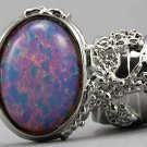 Arty Oval Ring Opal Vintage Milky Glass Silver Chunky Knuckle Art Designer Deco Jewelry Size 8.5