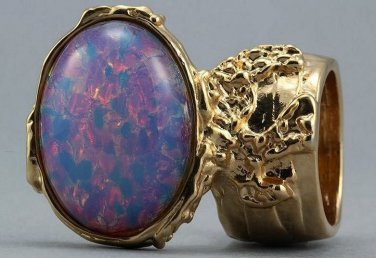 Arty Oval Ring Opal Vintage Milky Glass Gold Chunky Knuckle Art Designer Deco Jewelry Size 6