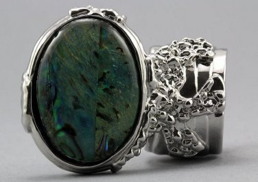 Arty Oval Ring Paua Shell Silver Chunky Armor Knuckle Art Statement Avant Garde Jewelry Size 6