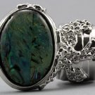 Arty Oval Ring Paua Shell Silver Chunky Armor Knuckle Art Statement Avant Garde Jewelry Size 10
