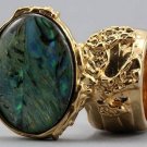 Arty Oval Ring Paua Shell Gold Chunky Armor Knuckle Art Statement Avant Garde Jewelry Size 10