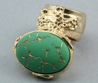 Arty Oval Ring Green Gold Abstract Vintage Glass Knuckle Art Designer Statement Jewelry Size 4.5