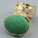 Arty Oval Ring Green Gold Abstract Vintage Glass Knuckle Art Designer Statement Jewelry Size 6