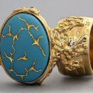 Arty Oval Ring Blue Gold Abstract Designer Vintage Glass Chunky Armor Knuckle Art Statement Size 4.5