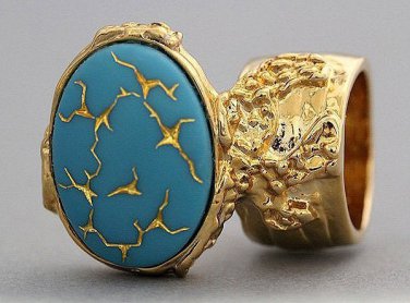 Arty Oval Ring Blue Gold Abstract Designer Vintage Glass Chunky Armor Knuckle Art Statement Size 4.5