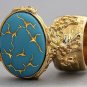 Arty Oval Ring Blue Gold Abstract Designer Vintage Glass Chunky Armor Knuckle Art Statement Size 4.5