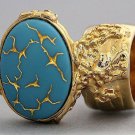 Arty Oval Ring Blue Gold Abstract Designer Vintage Glass Chunky Armor Knuckle Art Statement Size 6