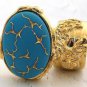 Arty Oval Ring Blue Gold Abstract Designer Vintage Glass Chunky Armor Knuckle Art Statement Size 10