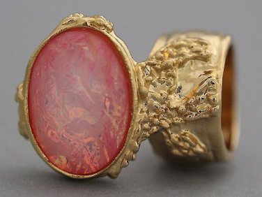 Arty Oval Ring Rose Crackle Opal Gold Chunky Armor Knuckle Art Fashion Statement Jewelry Size 10