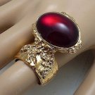 Arty Oval Ring Garnet Red Vintage Glass Gold Chunky Armor Knuckle Art Statement Jewelry Size 6