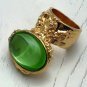 Arty Oval Ring Peridot Green Vintage Glass Gold Chunky Knuckle Art Statement Jewelry Size 4.5