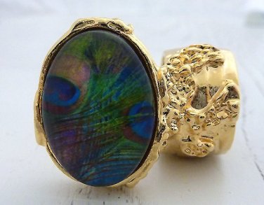 Arty Oval Ring Peacock Glass Feathers Chunky Gold Armor Knuckle Art Statement Jewelry Size 6
