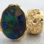 Arty Oval Ring Peacock Glass Feathers Chunky Gold Armor Knuckle Art Statement Jewelry Size 6