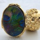 Arty Oval Ring Peacock Glass Feathers Chunky Gold Armor Knuckle Art Statement Jewelry Size 10