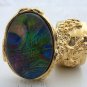 Arty Oval Ring Peacock Glass Feathers Chunky Gold Armor Knuckle Art Statement Jewelry Size 10