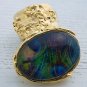 Arty Oval Ring Peacock Glass Feathers Chunky Gold Armor Knuckle Art Statement Jewelry Size 10