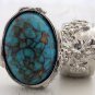 Arty Oval Ring Turquoise Designer Vintage Chunky Silver Armor Knuckle Art Statement Jewelry Size 6