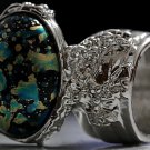 Arty Oval Ring Blue Black Metallic Chunky Silver Deco Knuckle Art Statement Jewelry Size 8.5