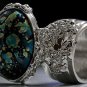 Arty Oval Ring Blue Black Metallic Chunky Silver Deco Knuckle Art Statement Jewelry Size 9