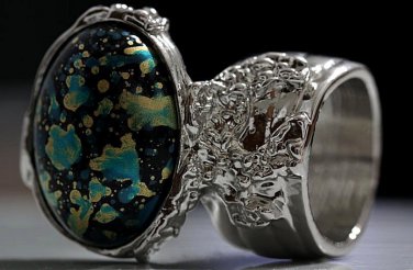 Arty Oval Ring Blue Black Metallic Chunky Silver Deco Knuckle Art Statement Jewelry Size 10