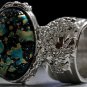 Arty Oval Ring Blue Black Metallic Chunky Silver Deco Knuckle Art Statement Jewelry Size 10