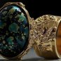 Arty Oval Ring Blue Black Metallic Chunky Gold Deco Knuckle Art Statement Abstract Jewelry Size 4.5