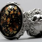 Arty Oval Ring Orange Black Metallic Chunky Silver Knuckle Art Statement Abstract Jewelry Size 6