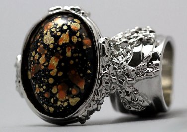Arty Oval Ring Orange Black Metallic Chunky Silver Knuckle Art Statement Abstract Jewelry Size 10