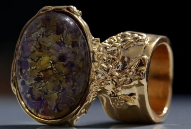 Arty Oval Ring Topaz Amethyst Vintage Glass Gold Avant Garde Chunky Knuckle Art Statement Size 6