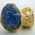 Arty Oval Ring Blue Opal Vintage Glass Gold Chunky Armor Knuckle Art Jewelry Statement Size 10