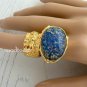 Arty Oval Ring Blue Opal Vintage Glass Gold Chunky Armor Knuckle Art Jewelry Statement Size 10