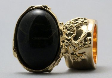 Arty Oval Ring Black Gold Vintage Chunky Knuckle Art Statement Deco Avant Garde Jewelry Size 4.5
