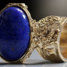 Arty Oval Ring Lapis Blue Vintage Glass Gold Chunky Knuckle Art Statement Deco Avant Garde Size 9.5