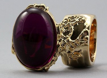 Arty Oval Ring Fuchsia Gold Chunky Armor Knuckle Art Statement Avant Garde Jewelry Size 4.5
