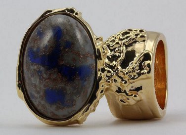Arty Oval Ring Blue Gray Copper Sparkles Vintage Glass Gold Chunky Armor Deco Knuckle Art Size 4.5