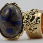 Arty Oval Ring Blue Gray Copper Sparkles Vintage Glass Gold Chunky Armor Deco Knuckle Art Size 4.5