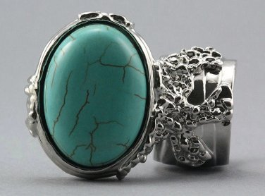Arty Oval Ring Turquoise Silver Chunky Armor Knuckle Art Statement Avant Garde Jewelry Size 5