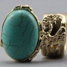 Arty Oval Ring Turquoise Gold Chunky Armor Knuckle Art Statement Avant Garde Jewelry Size 10