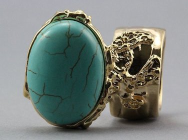 Arty Oval Ring Turquoise Gold Chunky Armor Knuckle Art Statement Avant Garde Jewelry Size 10