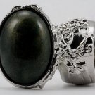 Arty Oval Ring Dark Green & Gold Shimmer Silver Chunky Knuckle Art Avant Garde Statement Size 8.5