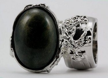 Arty Oval Ring Dark Green & Gold Shimmer Silver Chunky Knuckle Art Avant Garde Statement Size 10