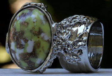 Arty Oval Ring Yellow Green White Mottled Silver Chunky Knuckle Art Avant Garde Statement Size 5