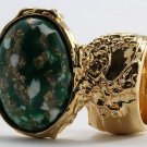 Arty Oval Ring Emerald Green White Mottled Gold Chunky Knuckle Art Avant Garde Statement Size 10