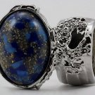 Arty Oval Ring Blue Mottled Gold Flecks Silver Chunky Knuckle Art Avant Garde Statement Size 6