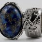Arty Oval Ring Blue Mottled Gold Flecks Silver Chunky Knuckle Art Avant Garde Statement Size 8.5