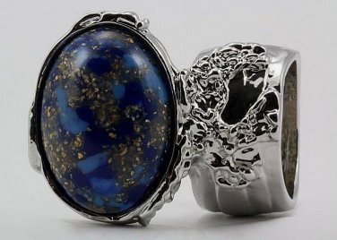 Arty Oval Ring Blue Mottled Gold Flecks Silver Chunky Knuckle Art Avant Garde Statement Size 9
