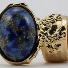 Arty Oval Ring Blue Mottled Flecks Gold Chunky Knuckle Art Avant Garde Deco Statement Size 4.5