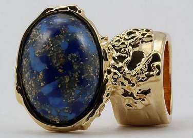 Arty Oval Ring Blue Mottled Flecks Gold Chunky Knuckle Art Avant Garde Deco Statement Size 10