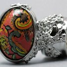 Arty Oval Ring Paisley Glitter Orange Multi Vintage Silver Armor Knuckle Art Statement Size 5